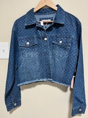Women's Cropped Rhinestone Denim Jacket - Dark Blue